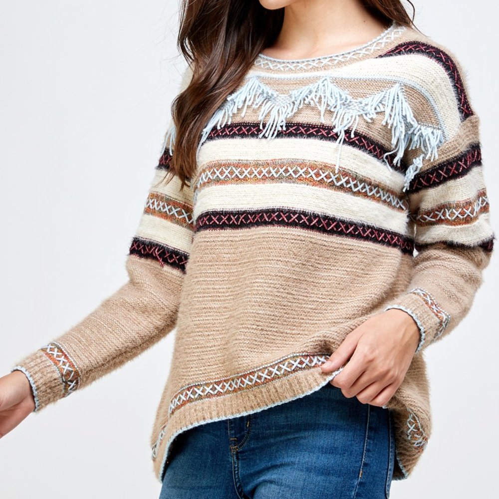 LONG SLEET SWEATER WITH FRINGE